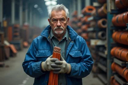 Technicien en bleu tenant un câble cuivre dans une décharge industrielle