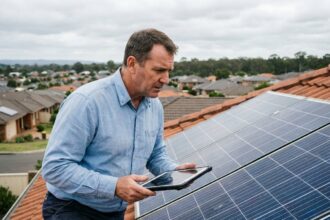 Technicien examinant des panneaux solaires installés sur un toit résidentiel avec une tablette numérique
