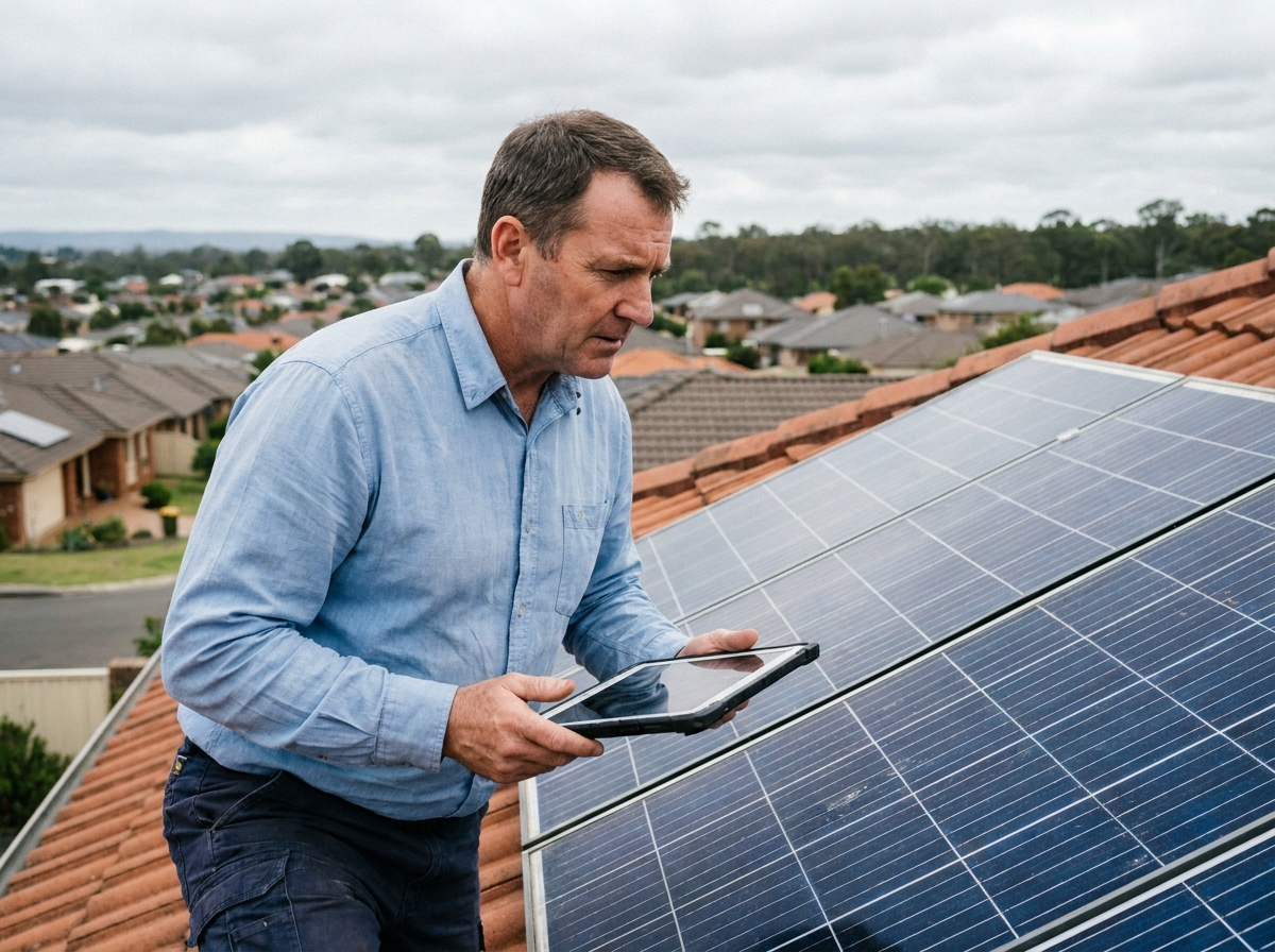 Technicien examinant des panneaux solaires installés sur un toit résidentiel avec une tablette numérique