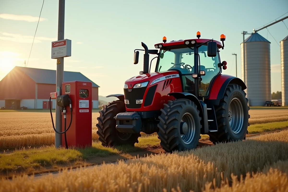 Tracteur rouge moderne faisant le plein avec bâtiments agricoles en arrière-plan
