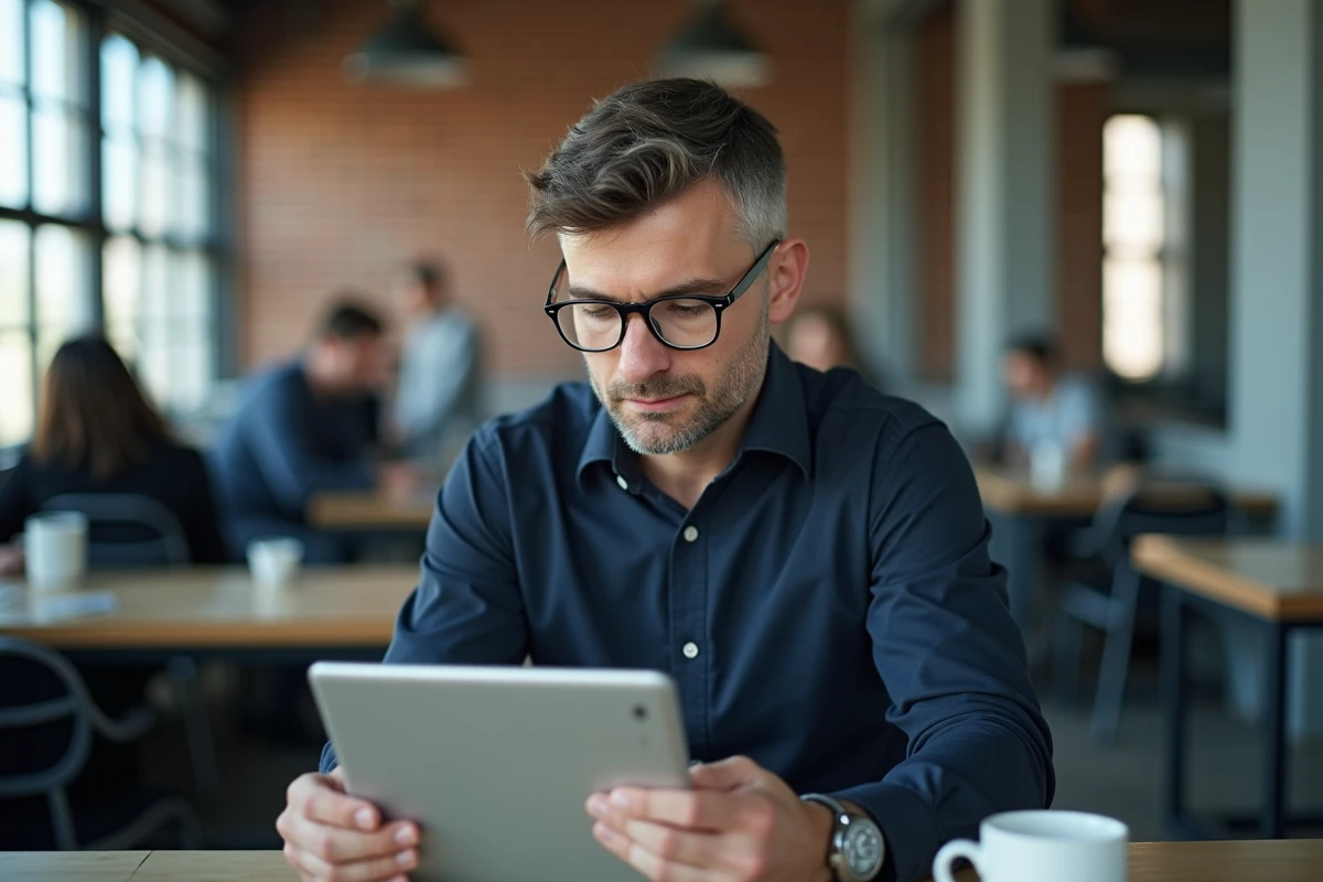 Travailleur indépendant vérifiant le paiement de ses cotisations URSSAF sur une tablette dans un espace de coworking