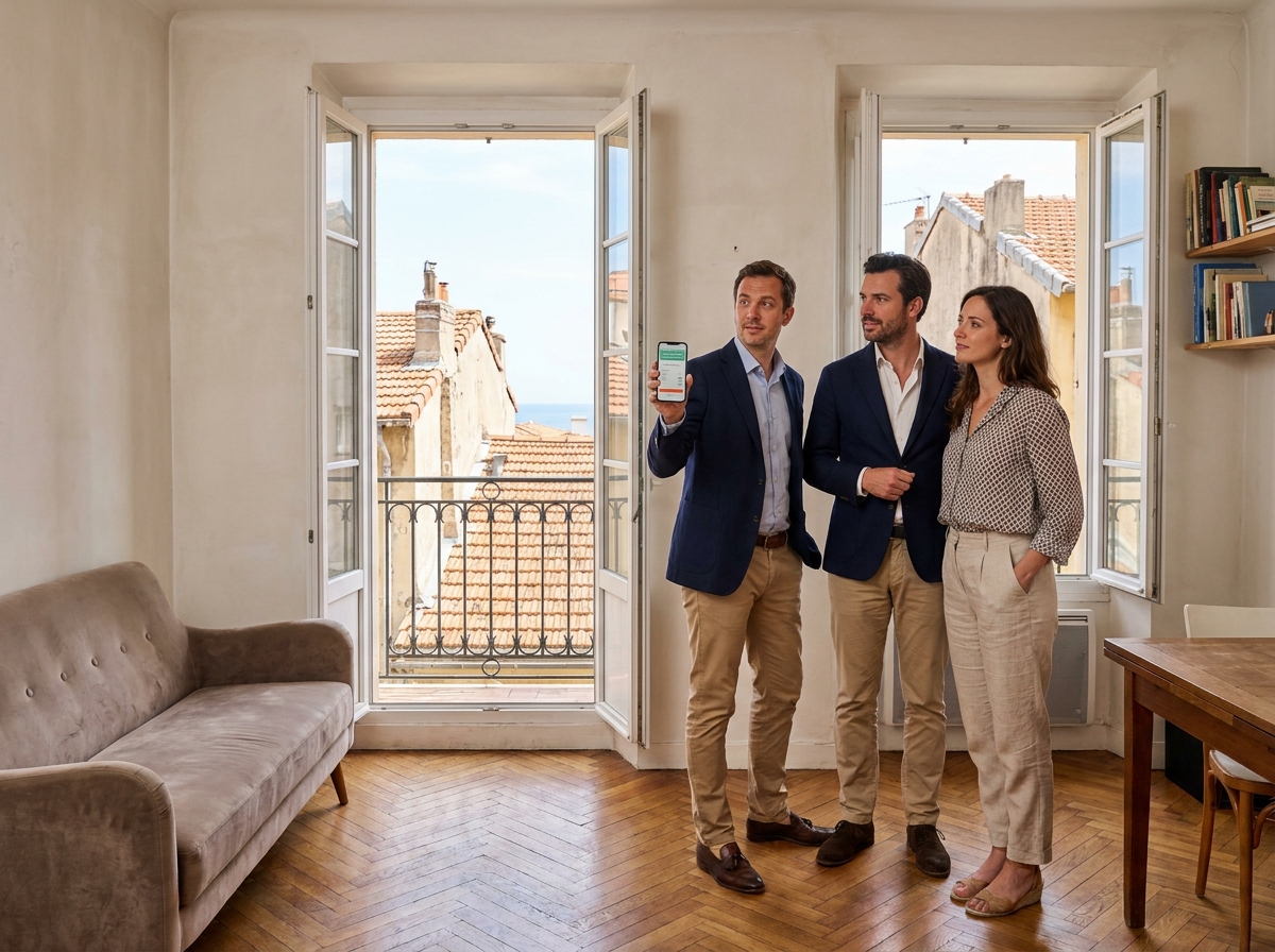 Couple visitant un petit appartement avec vue sur les toits de Nice, représentant l'acquisition d'un pied-à-terre à Nice sans dépasser son budget