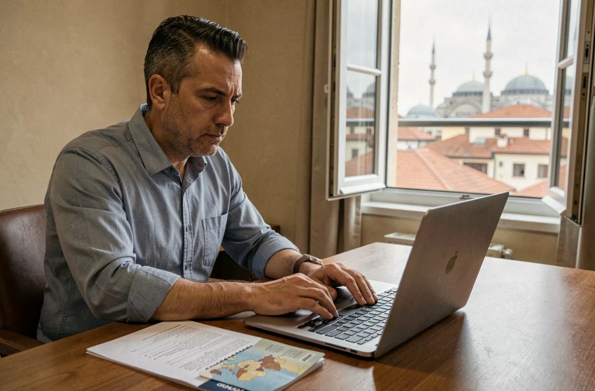 Voyageur complétant un formulaire d'assurance voyage sur ordinateur dans une chambre d'hôtel en Turquie