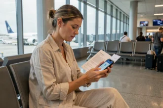 Voyageuse consultant son assurance voyage sur smartphone dans un aéroport avant un départ pour la Turquie