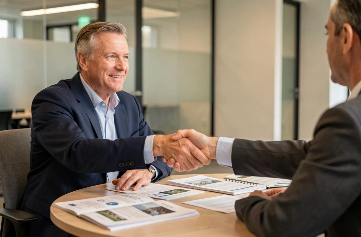 Laurent Follet, conseiller en investissement immobilier WeInvest, concluant un accord avec un client autour d'une table
